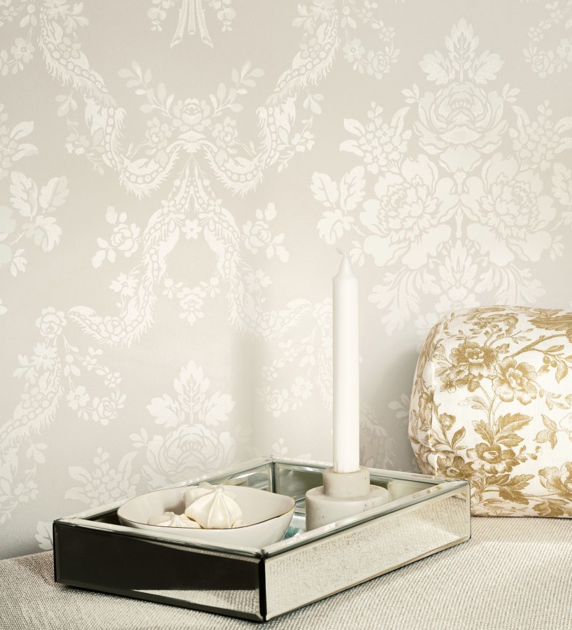 Papel pintado damasco beige neutro estilo romántico  Adelheid Ornate 684428