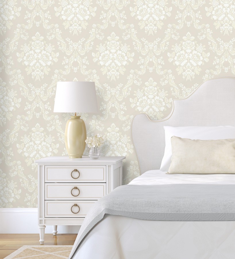 Papel pintado damasco beige neutro estilo romántico  Adelheid Ornate 684428