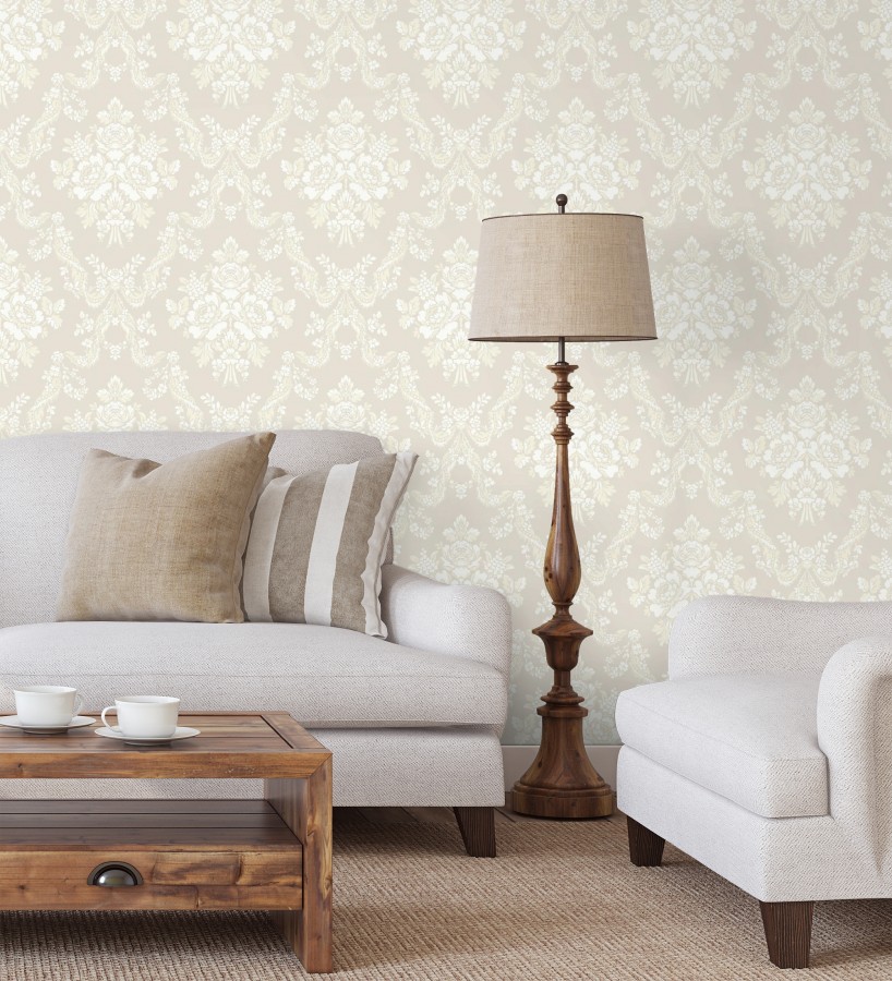 Papel pintado damasco beige neutro estilo romántico  Adelheid Ornate 684428