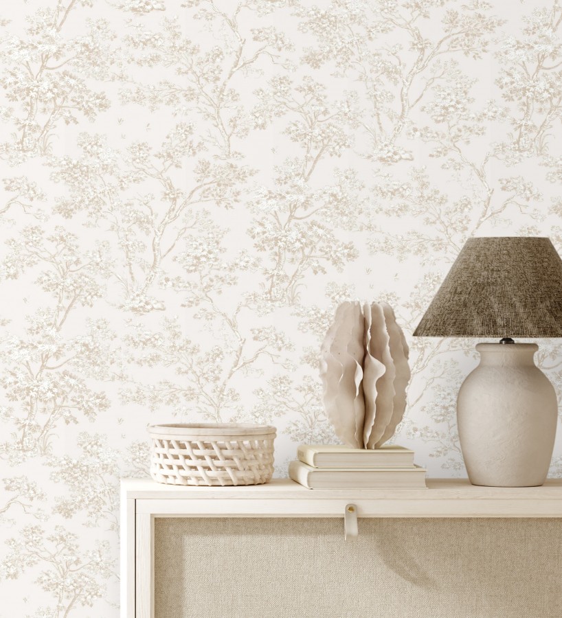 Papel pintado de árboles y ramas estilo toile de jouy fondo nácar  Nantes Arboreal 684429