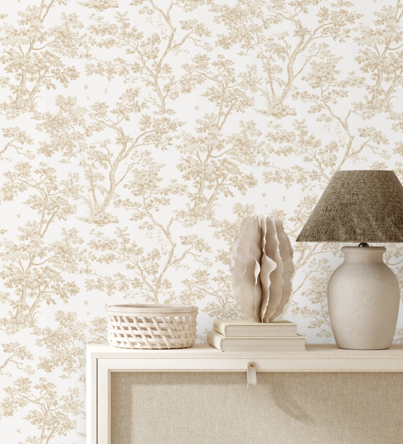 Papel pintado de árboles y ramas estilo toile de jouy fondo blanco roto  Nantes Arboreal 684430