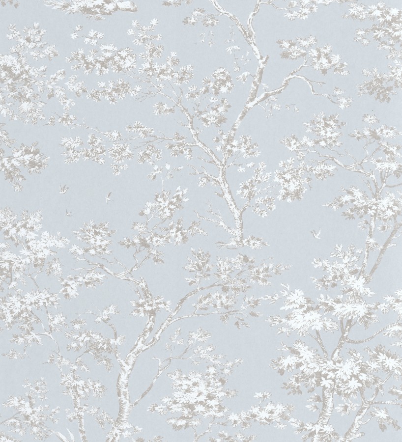 Papel pintado de árboles y ramas estilo toile de jouy fondo azul glaciar  Nantes Arboreal 684431