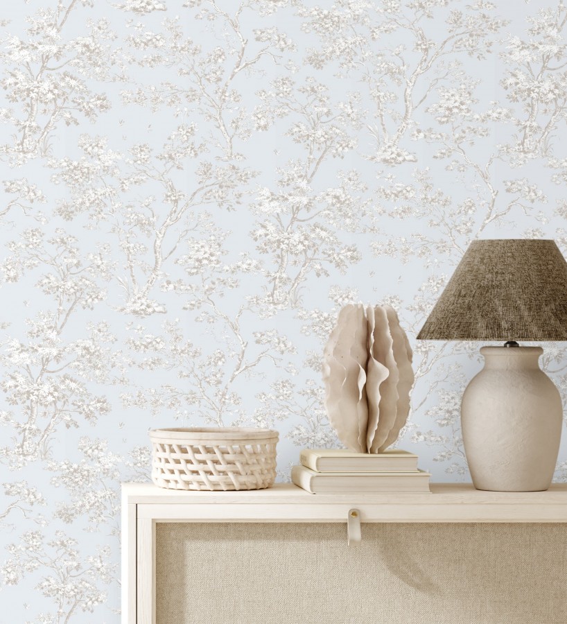 Papel pintado de árboles y ramas estilo toile de jouy fondo azul glaciar  Nantes Arboreal 684431