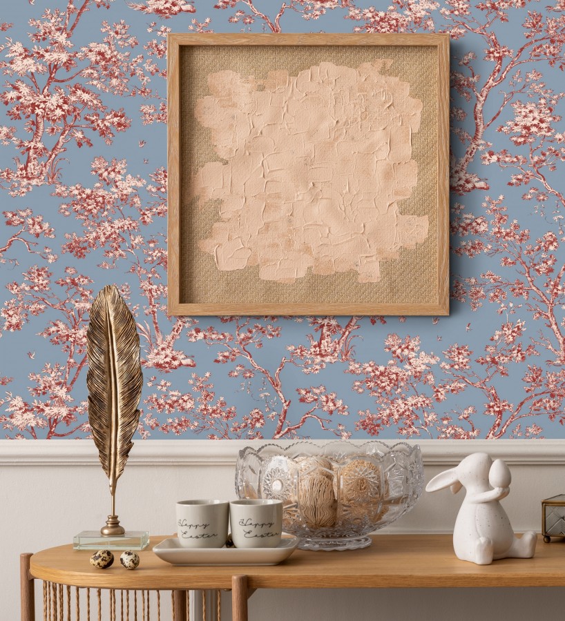 Papel pintado de árboles y ramas estilo toile de jouy fondo azul crepúsculo  Nantes Arboreal 684432