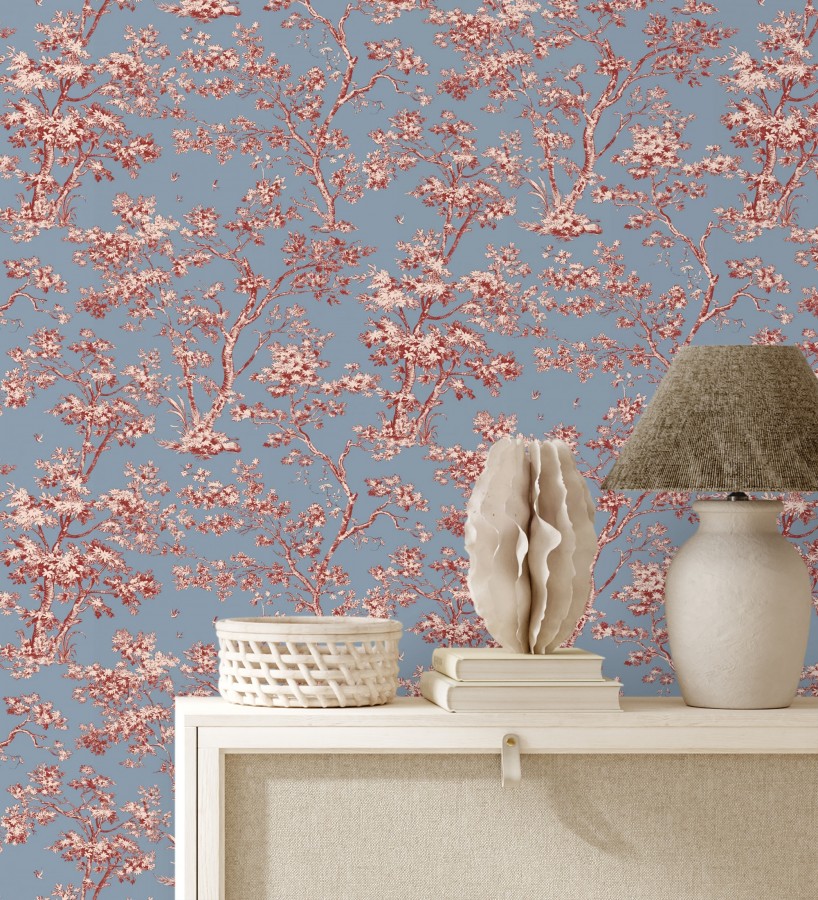 Papel pintado de árboles y ramas estilo toile de jouy fondo azul crepúsculo  Nantes Arboreal 684432