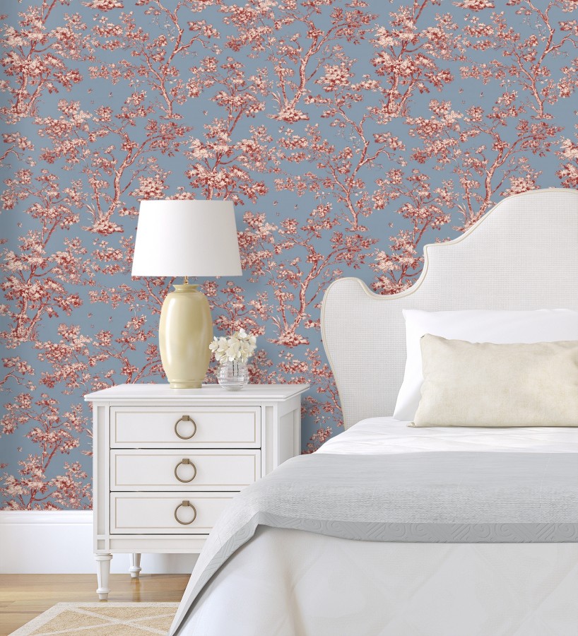 Papel pintado de árboles y ramas estilo toile de jouy fondo azul crepúsculo  Nantes Arboreal 684432