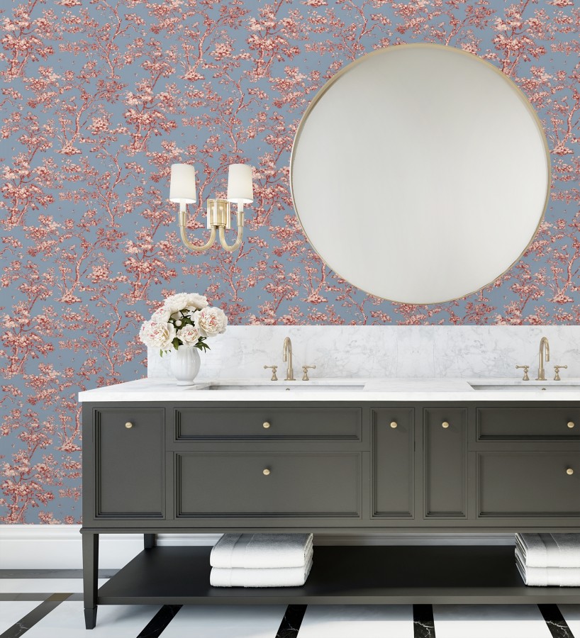 Papel pintado de árboles y ramas estilo toile de jouy fondo azul crepúsculo  Nantes Arboreal 684432