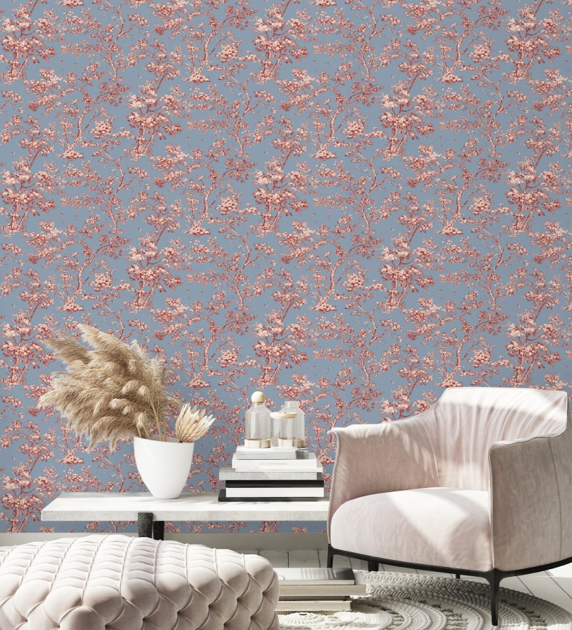 Papel pintado de árboles y ramas estilo toile de jouy fondo azul crepúsculo  Nantes Arboreal 684432