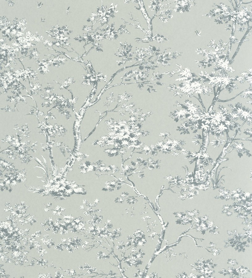 Papel pintado de árboles y ramas estilo toile de jouy fondo verde celadón  Nantes Arboreal 684433