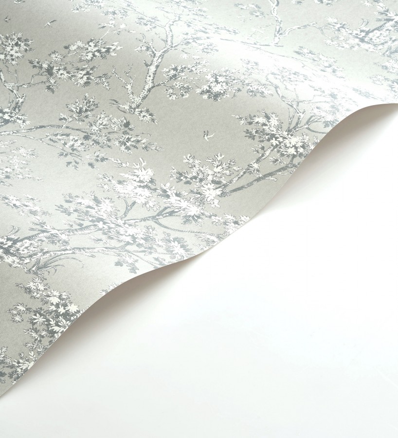 Papel pintado de árboles y ramas estilo toile de jouy fondo verde celadón  Nantes Arboreal 684433