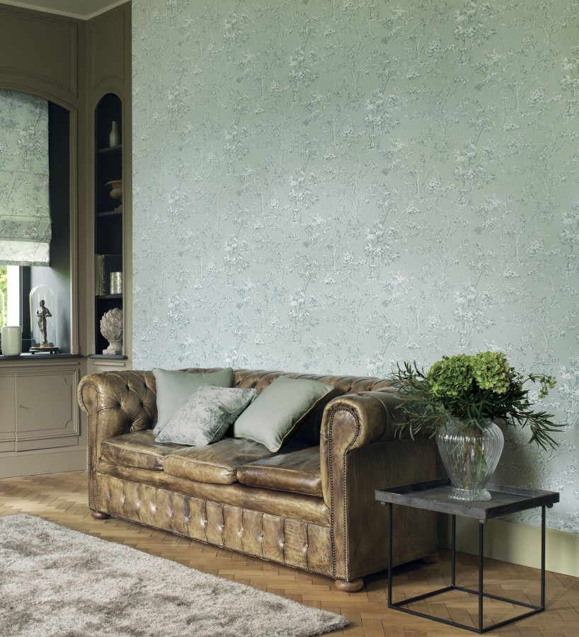Papel pintado de árboles y ramas estilo toile de jouy fondo verde celadón  Nantes Arboreal 684433