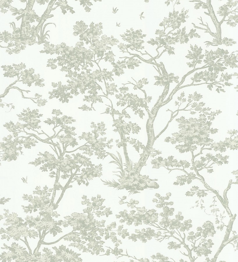 Papel pintadode árboles y ramas estilo toile de jouy fondo blanco menta  Nantes Arboreal 684434