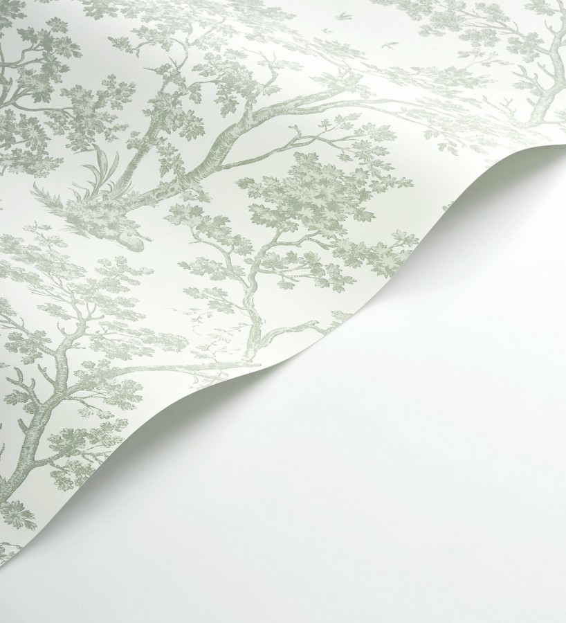 Papel pintadode árboles y ramas estilo toile de jouy fondo blanco menta  Nantes Arboreal 684434