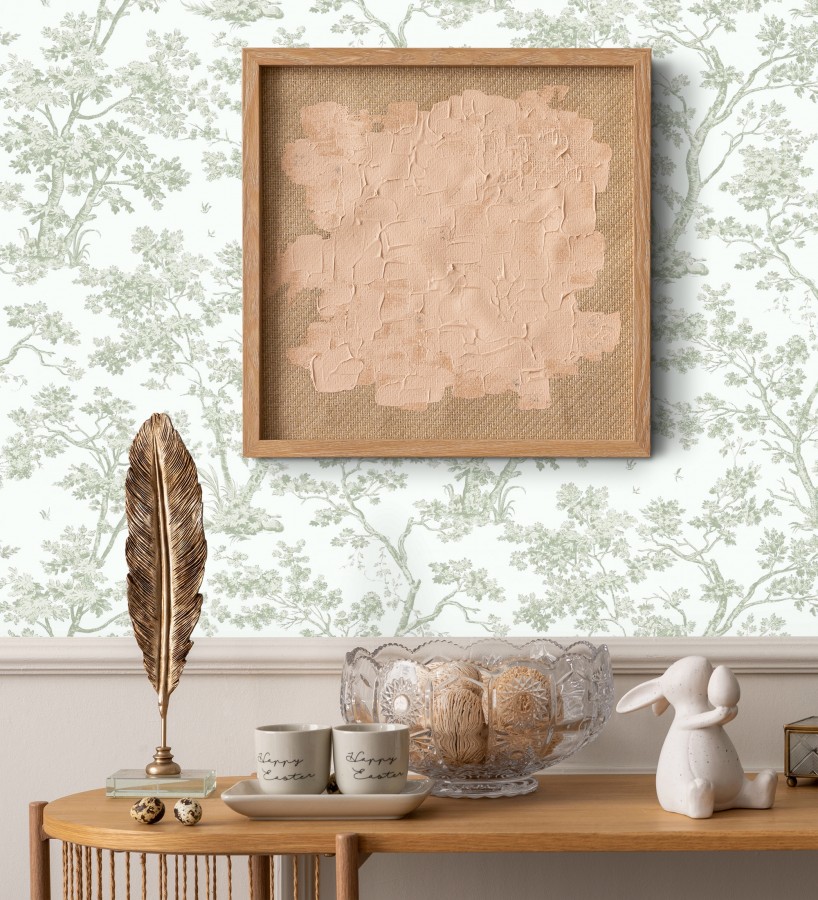 Papel pintadode árboles y ramas estilo toile de jouy fondo blanco menta  Nantes Arboreal 684434