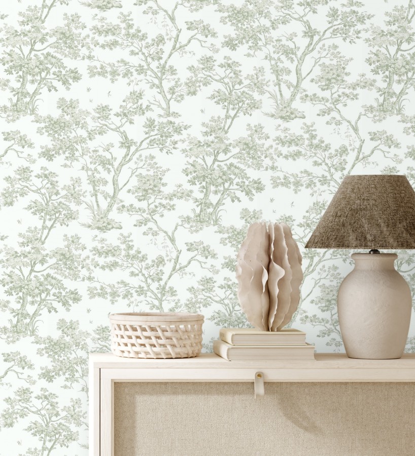 Papel pintadode árboles y ramas estilo toile de jouy fondo blanco menta  Nantes Arboreal 684434