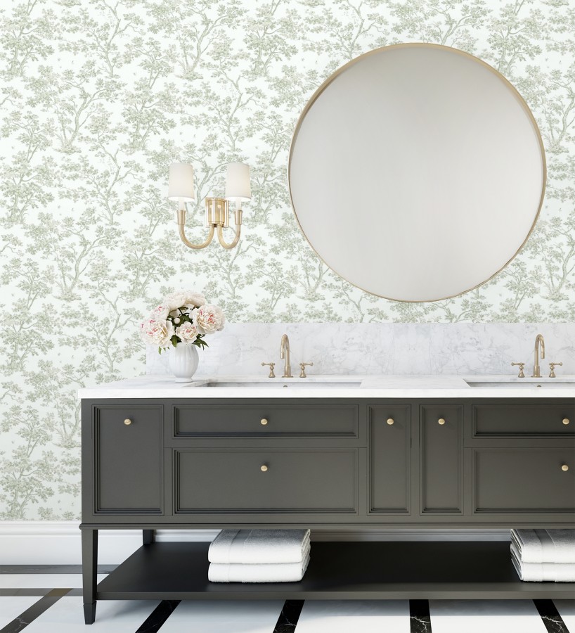 Papel pintadode árboles y ramas estilo toile de jouy fondo blanco menta  Nantes Arboreal 684434