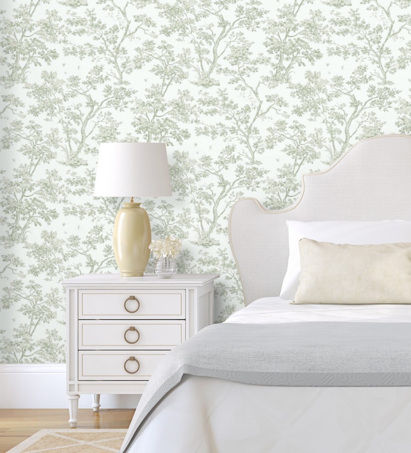 Papel pintadode árboles y ramas estilo toile de jouy fondo blanco menta  Nantes Arboreal 684434