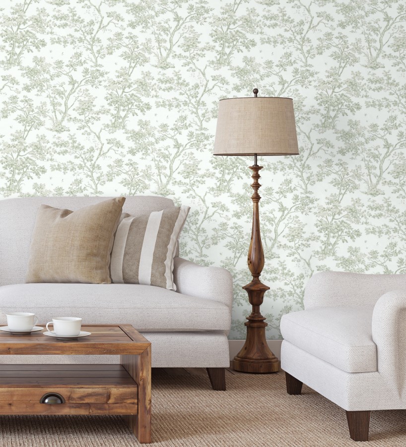 Papel pintadode árboles y ramas estilo toile de jouy fondo blanco menta  Nantes Arboreal 684434