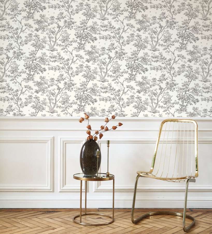 Papel pintado de árboles y ramas estilo toile de jouy fondo blanco  Nantes Arboreal 684435