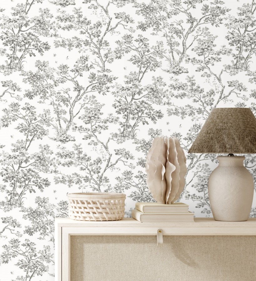 Papel pintado de árboles y ramas estilo toile de jouy fondo blanco  Nantes Arboreal 684435