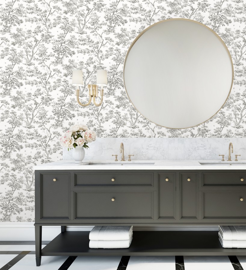Papel pintado de árboles y ramas estilo toile de jouy fondo blanco  Nantes Arboreal 684435