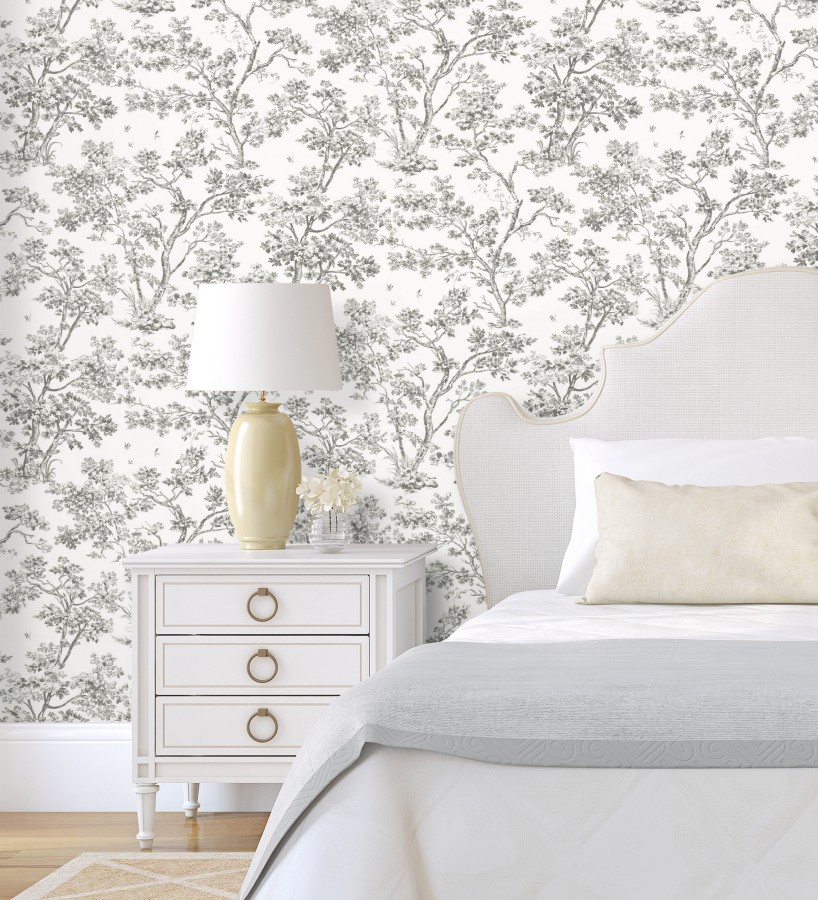 Papel pintado de árboles y ramas estilo toile de jouy fondo blanco  Nantes Arboreal 684435