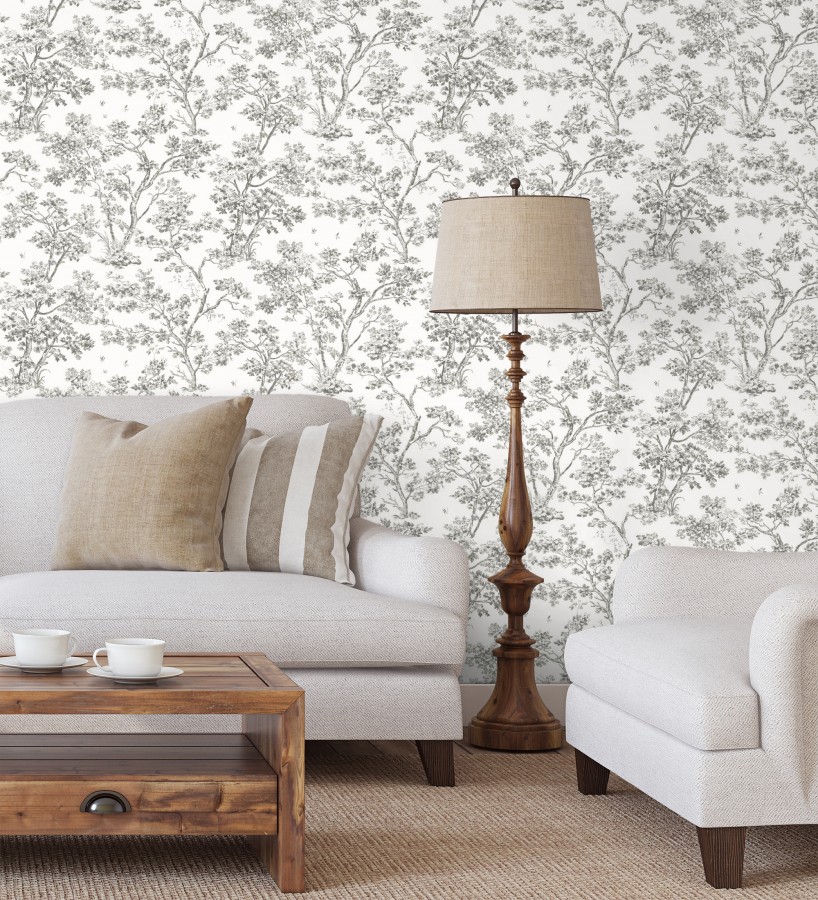 Papel pintado de árboles y ramas estilo toile de jouy fondo blanco  Nantes Arboreal 684435
