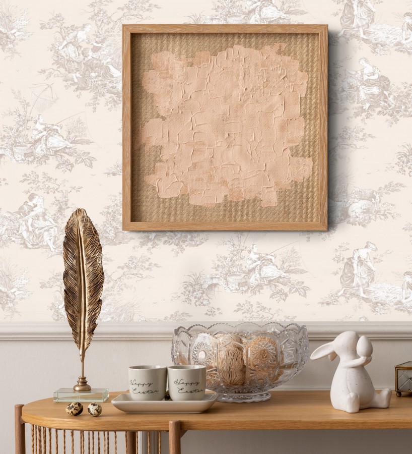 Papel pintado Toile de Jouy beige sobre beige nácar estilo francés  Chambord 684442