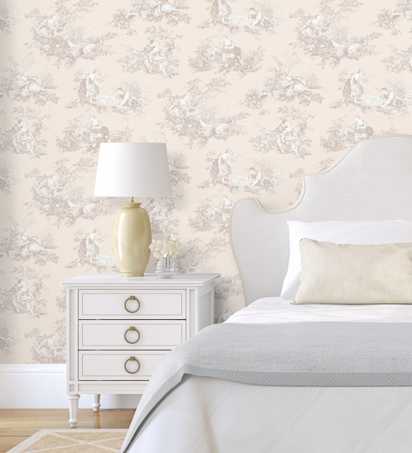 Papel pintado Toile de Jouy beige sobre beige nácar estilo francés  Chambord 684442