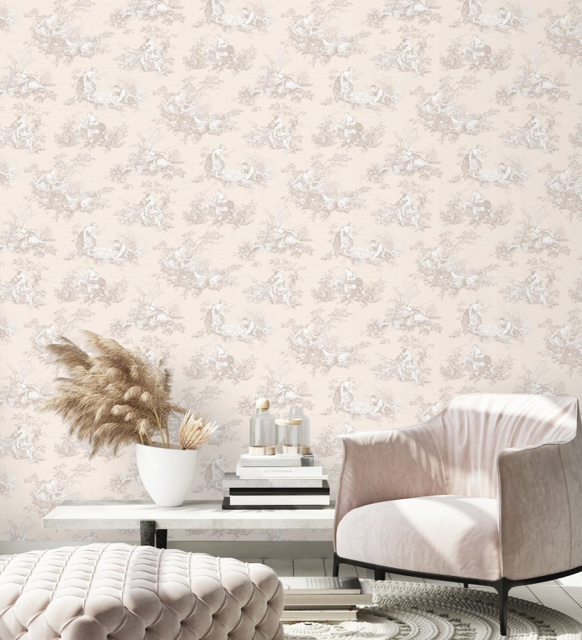 Papel pintado Toile de Jouy beige sobre beige nácar estilo francés  Chambord 684442