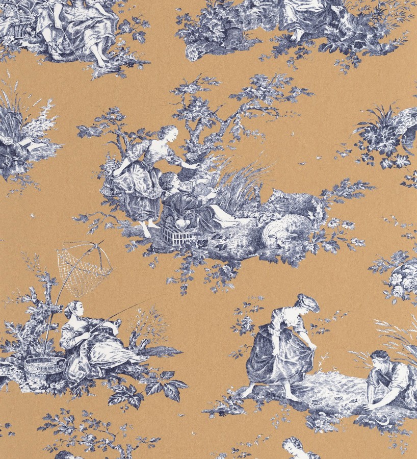 Papel pintado Toile de Jouy azul sobre ocre estilo francés  Chambord 684444