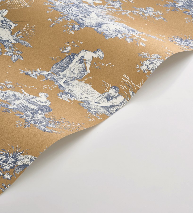 Papel pintado Toile de Jouy azul sobre ocre estilo francés  Chambord 684444