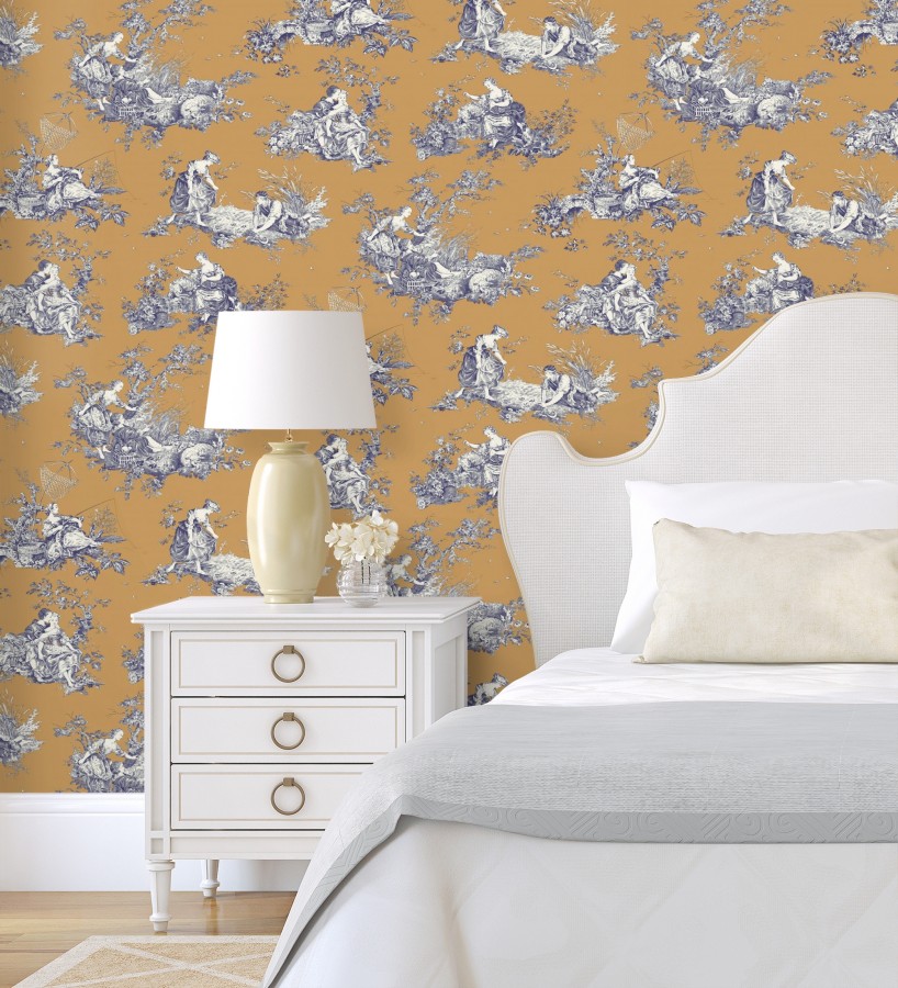Papel pintado Toile de Jouy azul sobre ocre estilo francés  Chambord 684444