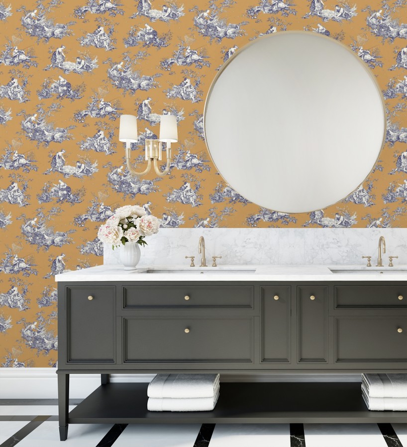 Papel pintado Toile de Jouy azul sobre ocre estilo francés  Chambord 684444