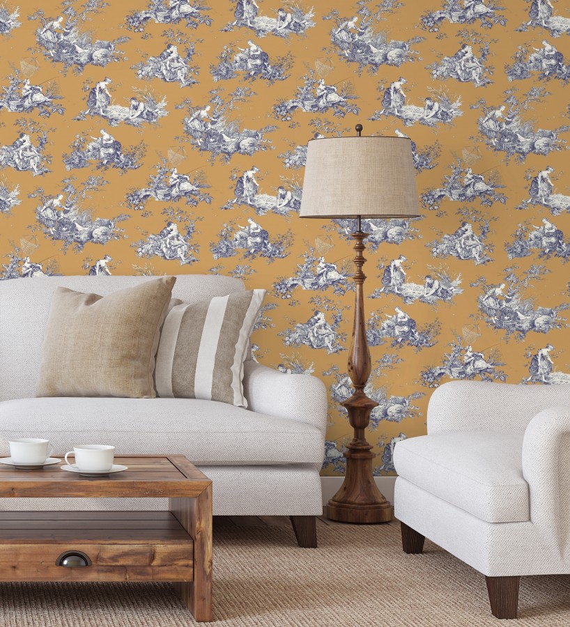 Papel pintado Toile de Jouy azul sobre ocre estilo francés  Chambord 684444
