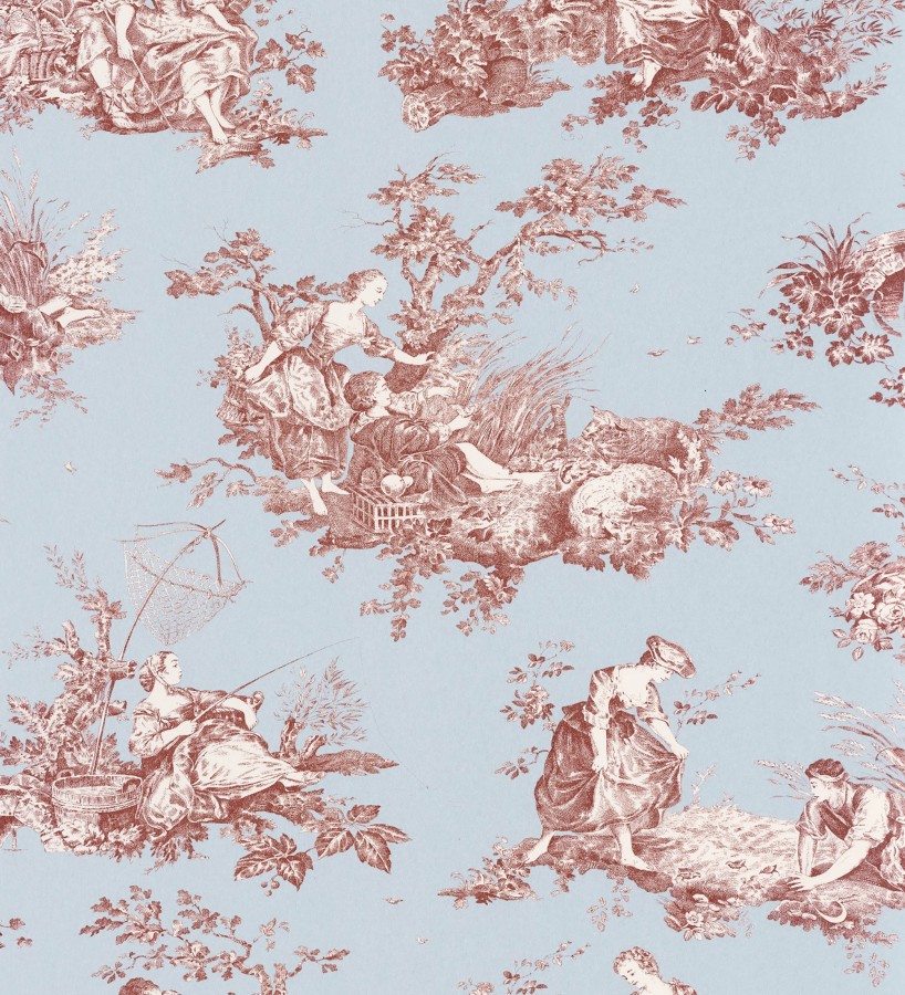 Papel pintado Toile de Jouy rojo fondo azul suave estilo francés  Chambord 684446