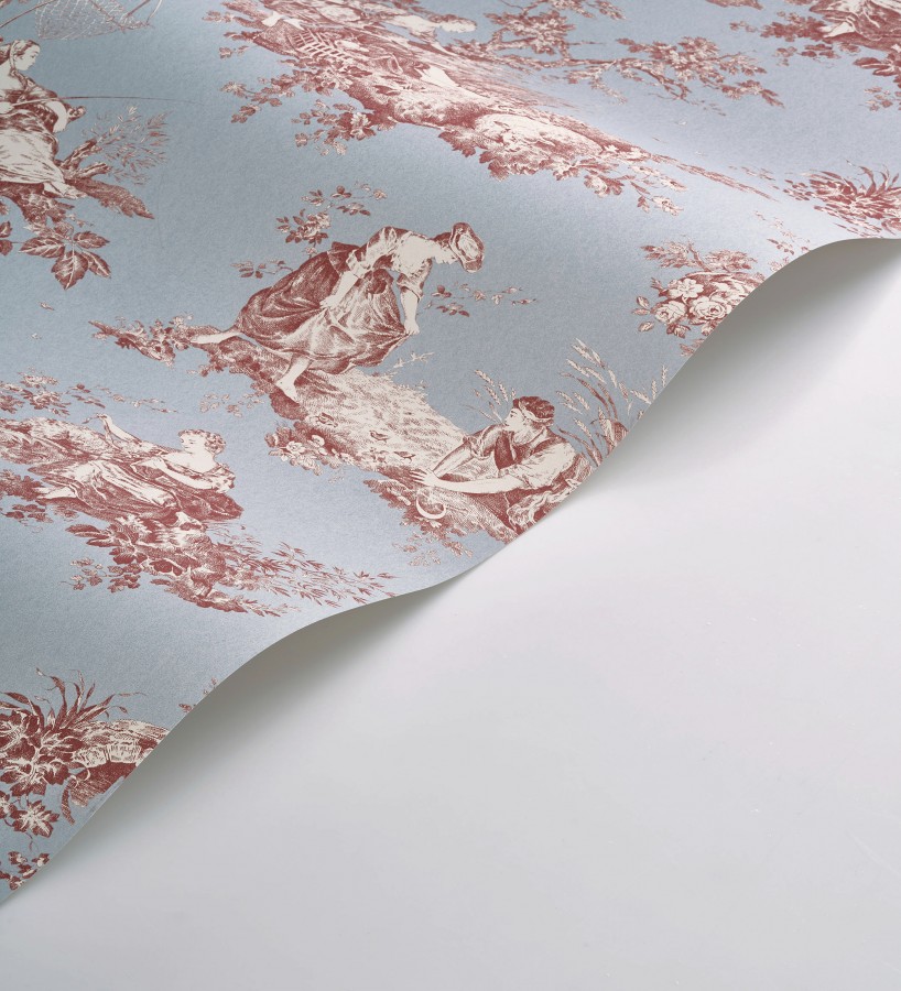 Papel pintado Toile de Jouy rojo fondo azul suave estilo francés  Chambord 684446