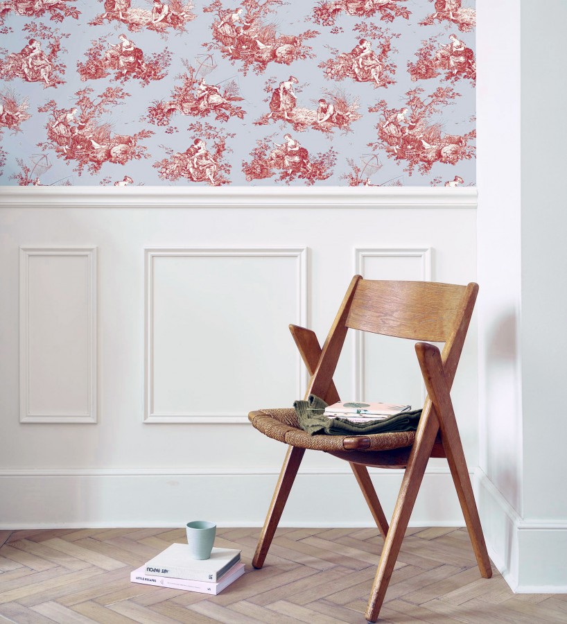 Papel pintado Toile de Jouy rojo fondo azul suave estilo francés  Chambord 684446