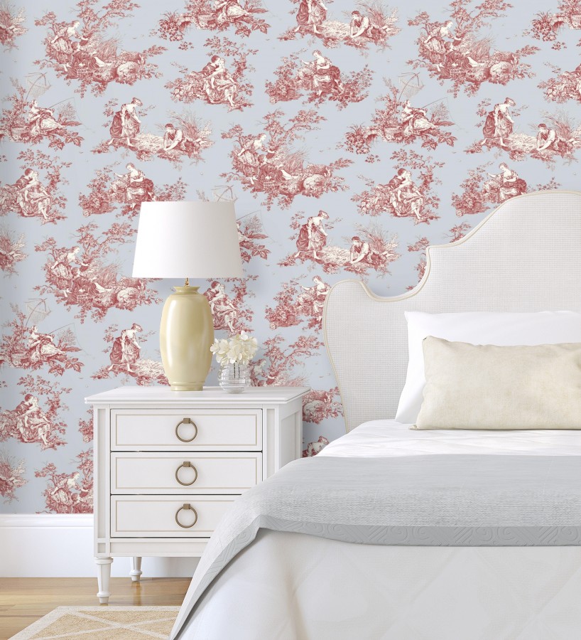 Papel pintado Toile de Jouy rojo fondo azul suave estilo francés  Chambord 684446