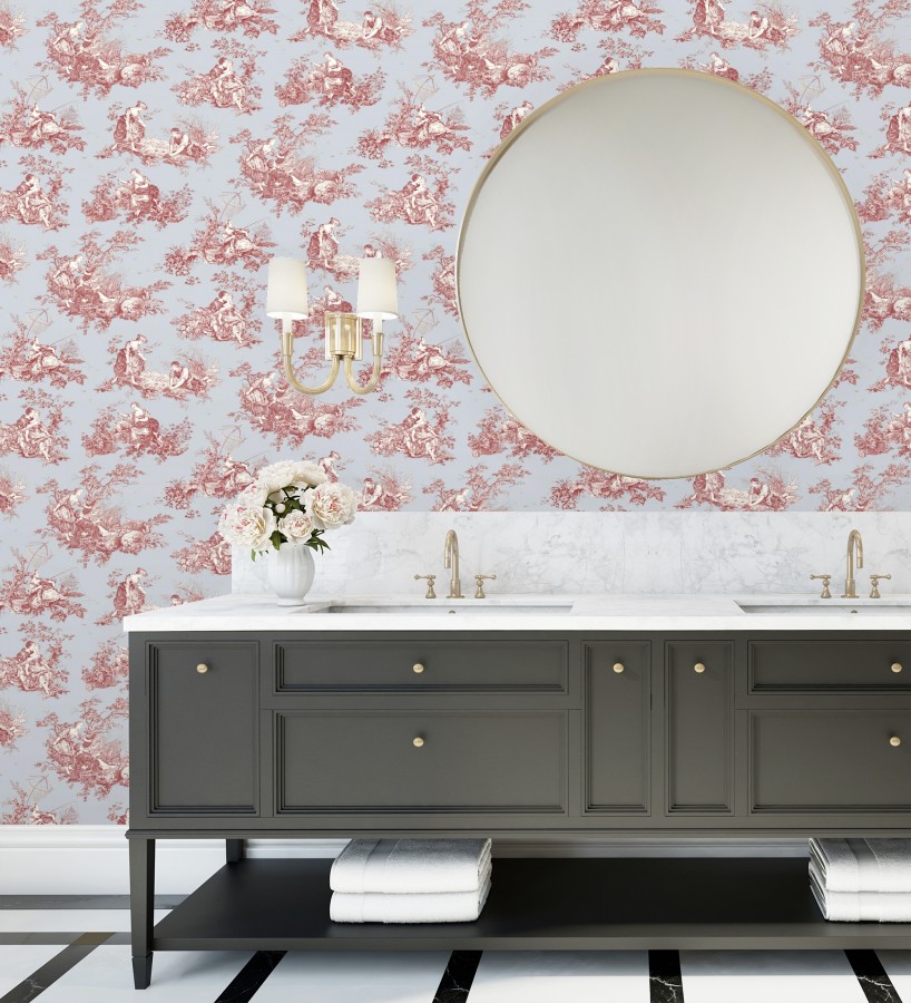 Papel pintado Toile de Jouy rojo fondo azul suave estilo francés  Chambord 684446