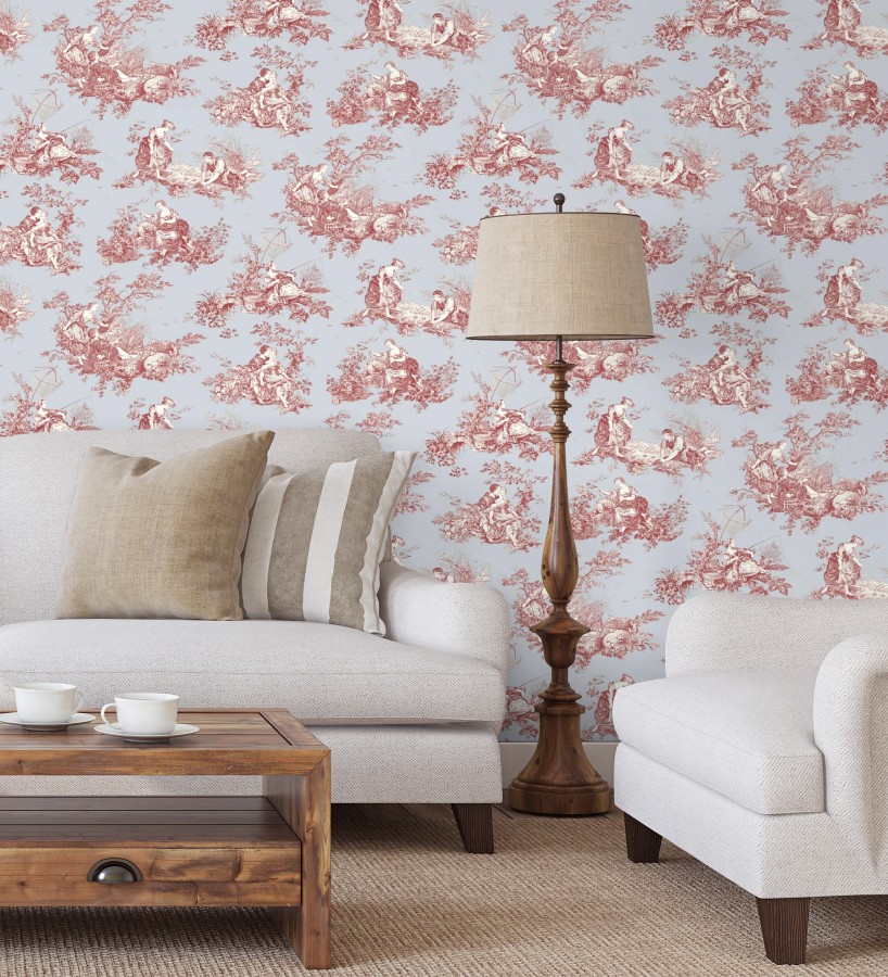 Papel pintado Toile de Jouy rojo fondo azul suave estilo francés  Chambord 684446
