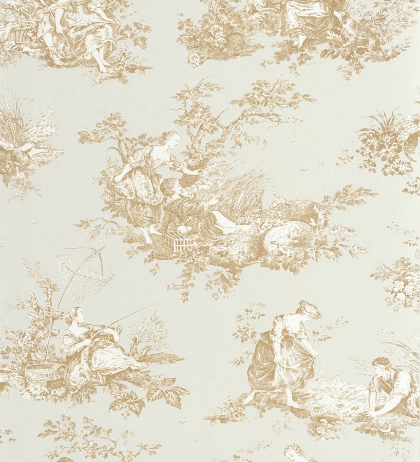 Papel pintado Toile de Jouy mostaza fondo color champagne estilo francés  Chambord 684447