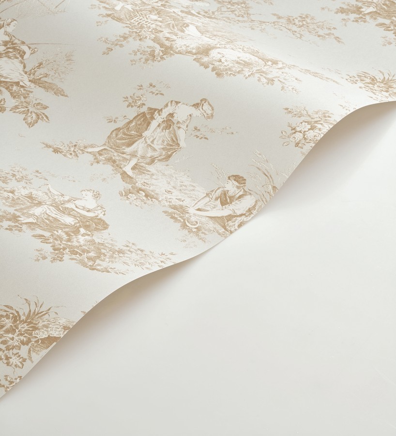 Papel pintado Toile de Jouy mostaza fondo color champagne estilo francés  Chambord 684447