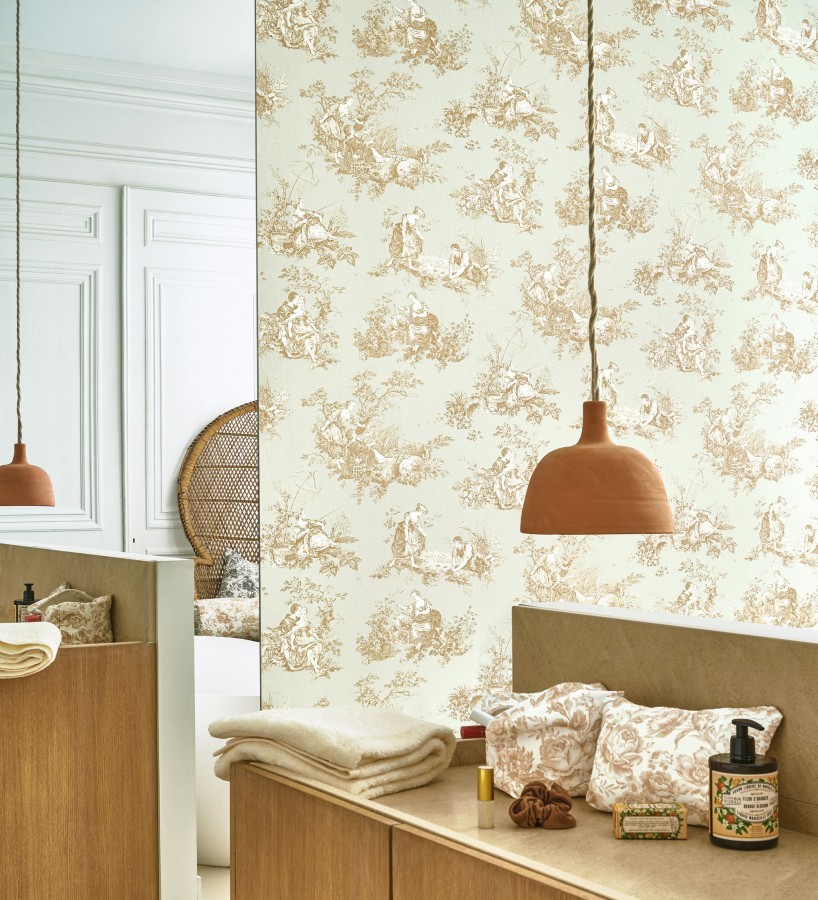 Papel pintado Toile de Jouy mostaza fondo color champagne estilo francés  Chambord 684447