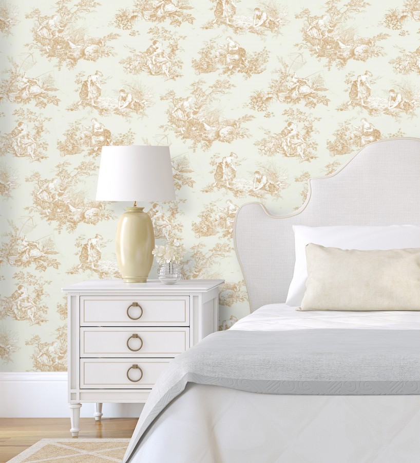 Papel pintado Toile de Jouy mostaza fondo color champagne estilo francés  Chambord 684447