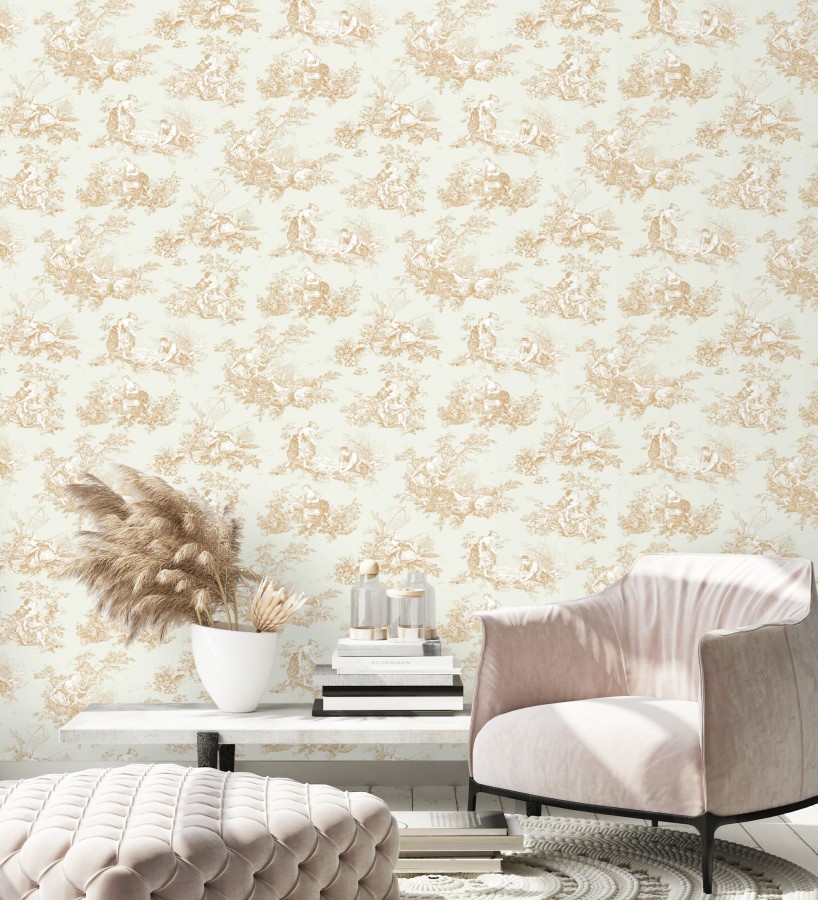 Papel pintado Toile de Jouy mostaza fondo color champagne estilo francés  Chambord 684447