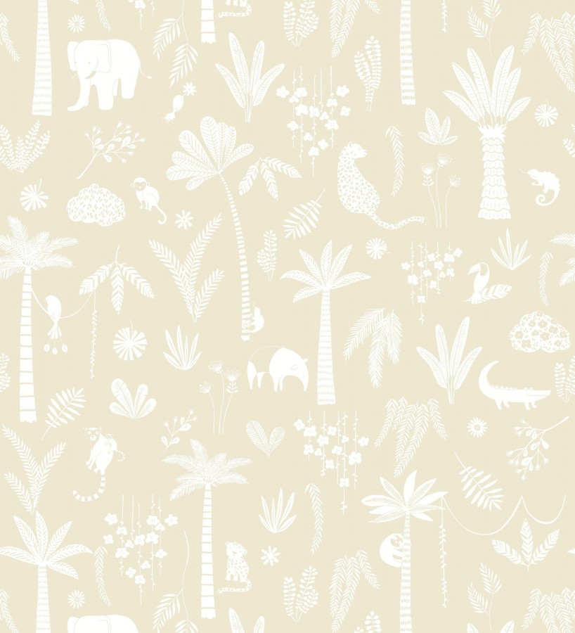 Papel pintado selva minimalista animales y palmeras blanco fondo beige  Milo Safari 684453