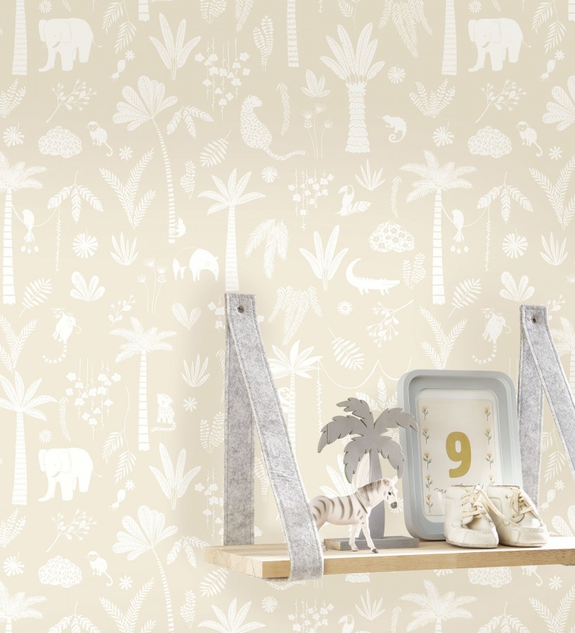 Papel pintado selva minimalista animales y palmeras blanco fondo beige  Milo Safari 684453