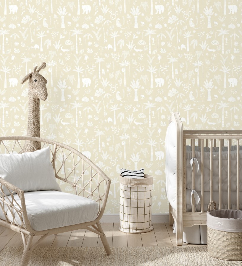Papel pintado selva minimalista animales y palmeras blanco fondo beige  Milo Safari 684453