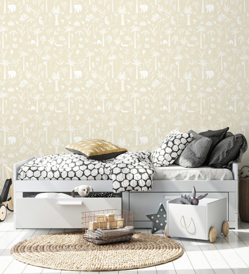 Papel pintado selva minimalista animales y palmeras blanco fondo beige  Milo Safari 684453